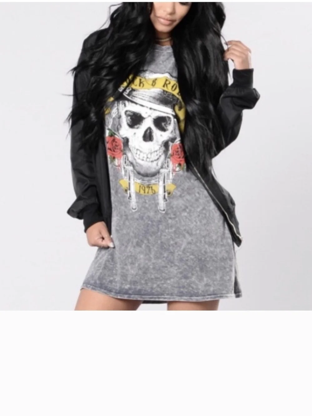 Fashion Nova Gray Graphic Skull Tee Dress with Red Rose and Yellow Accents - Picture 1 of 5
